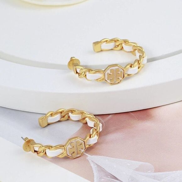 NWOT Tory Burch Gold Gemini, White Leather Butterfly Closing Hoop Earrings - Picture 1 of 12